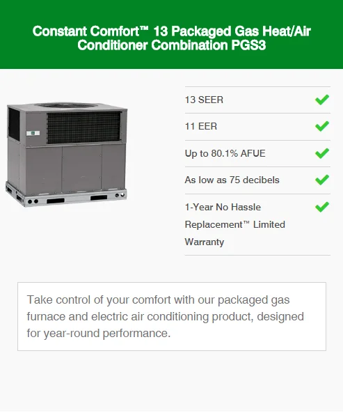 constant comfort 13 packaged gas heat/air conditioner pgs3