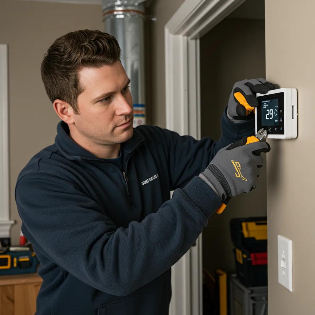 HVAC technician installing a smart thermostat, emphasizing professional installation benefits