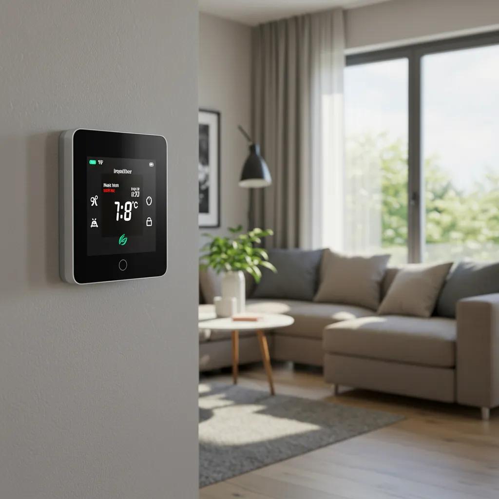 Smart thermostat in a stylish living room emphasizing home comfort and energy efficiency