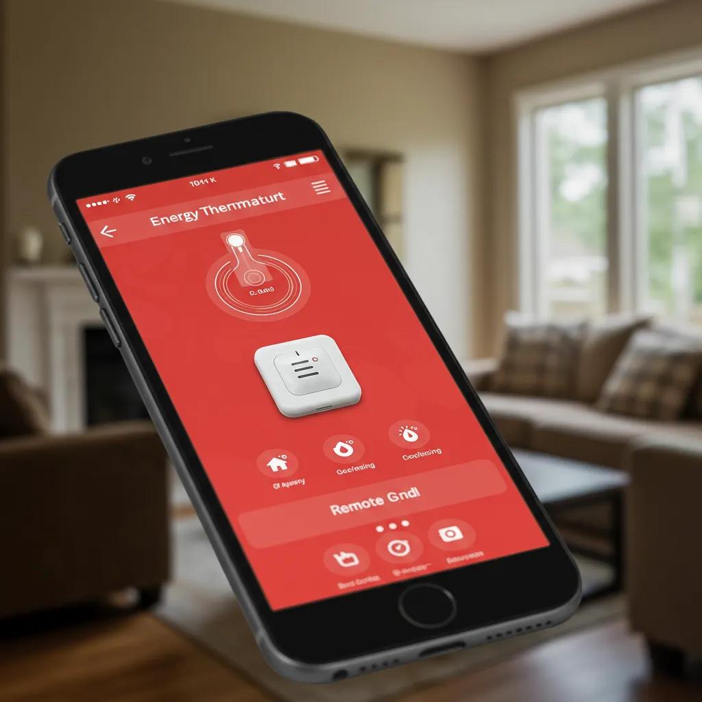 Smartphone displaying smart thermostat app features in a cozy home setting