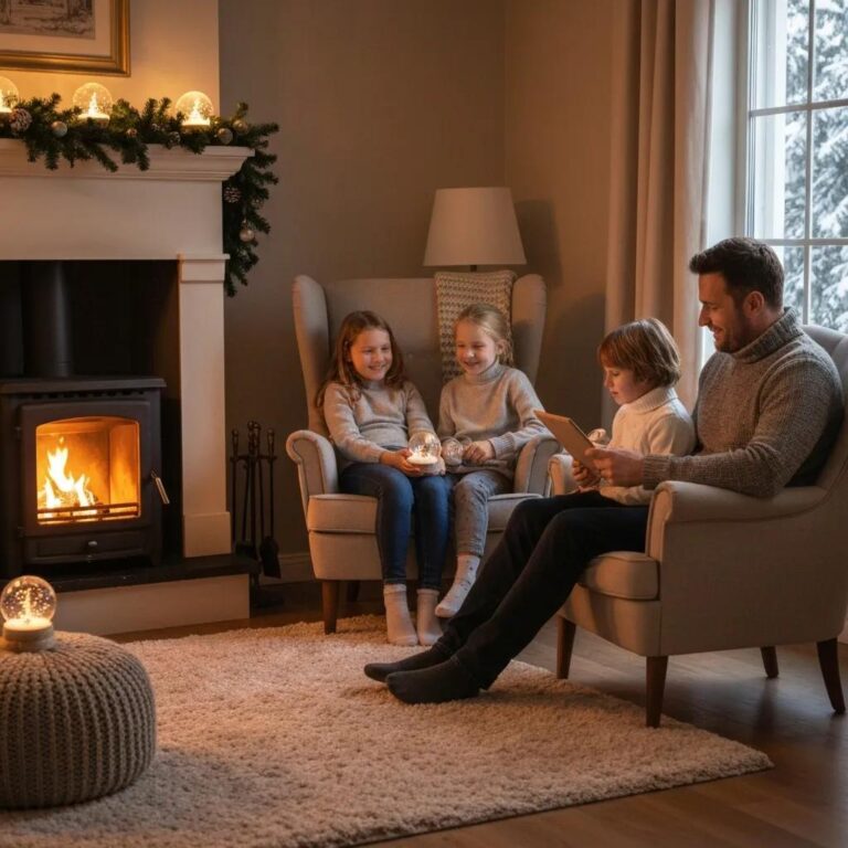 Cozy family indoor scene highlighting warmth and comfort during winter with a visible heating system