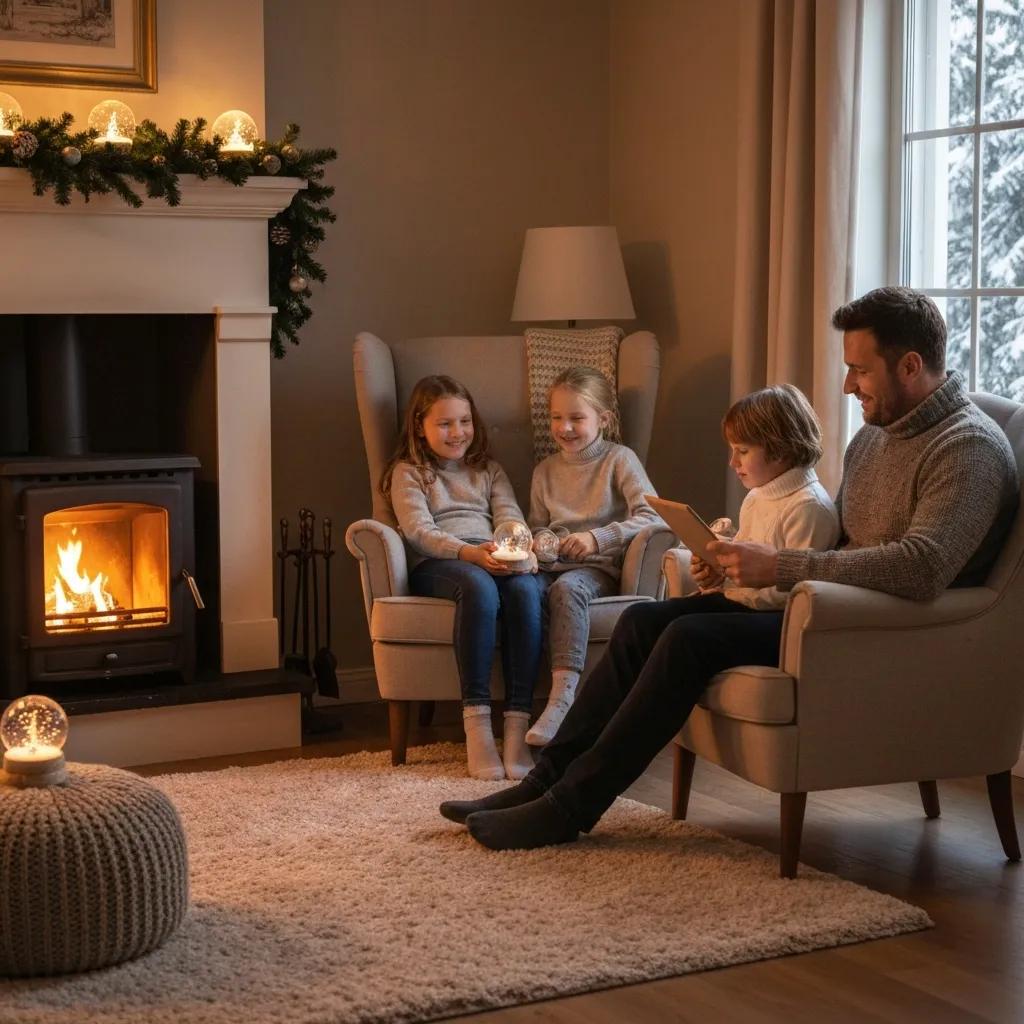 Cozy family indoor scene highlighting warmth and comfort during winter with a visible heating system