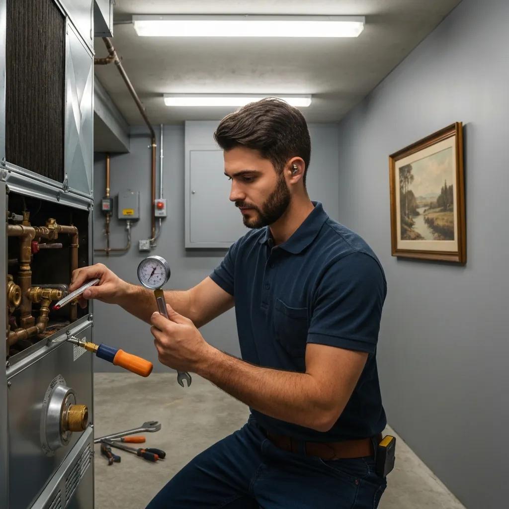 Technician performing a furnace tune-up in a tidy utility area