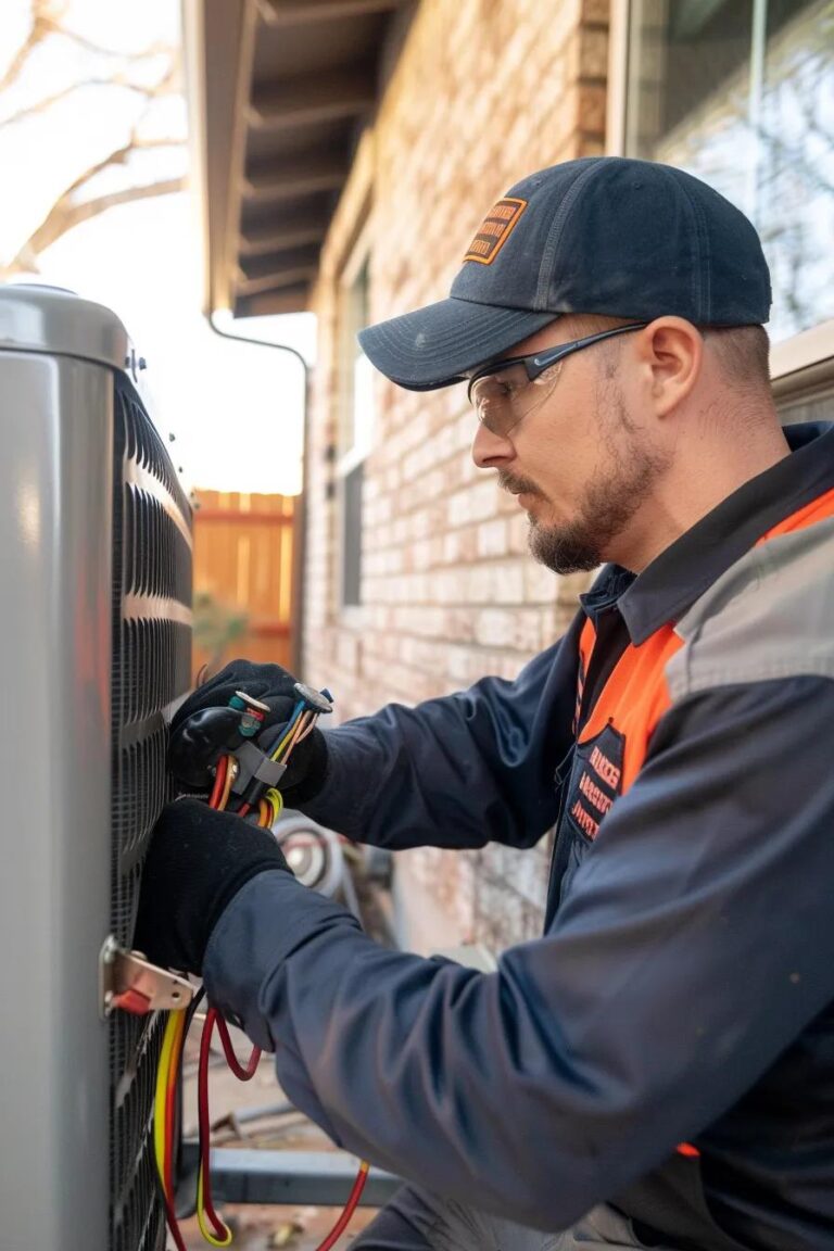 BannerAir technician performing maintenance on a residential air conditioner