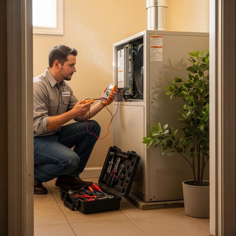 Technician inspecting HVAC system in a Bakersfield home, showcasing seasonal maintenance