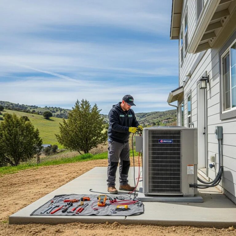 Modern heat pump installation in Tehachapi, CA with technician at work