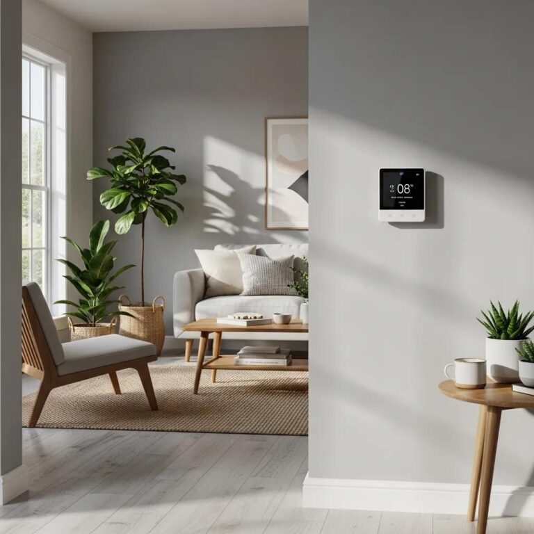 Smart thermostat in a cozy living room, emphasizing energy efficiency and modern home technology