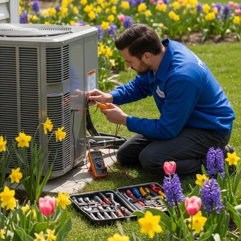 Technician performing HVAC maintenance in spring with blooming flowers
