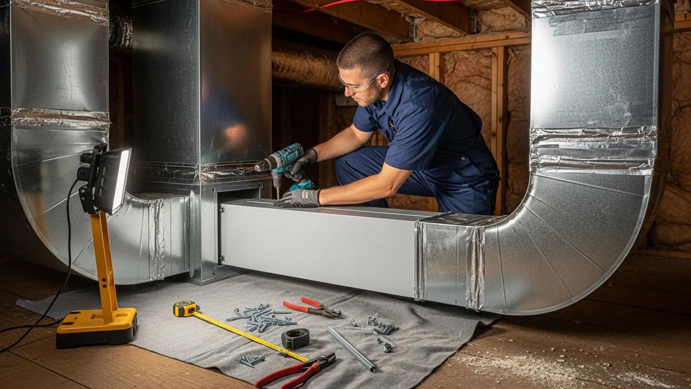 HVAC technician installing a whole-home air purifier in ductwork