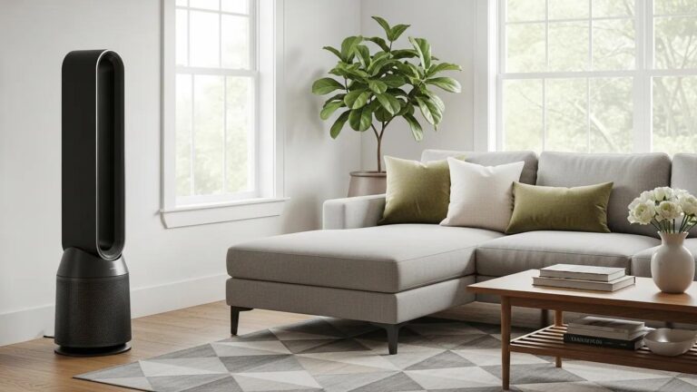 Whole-home air purifier in a modern living room enhancing indoor air quality