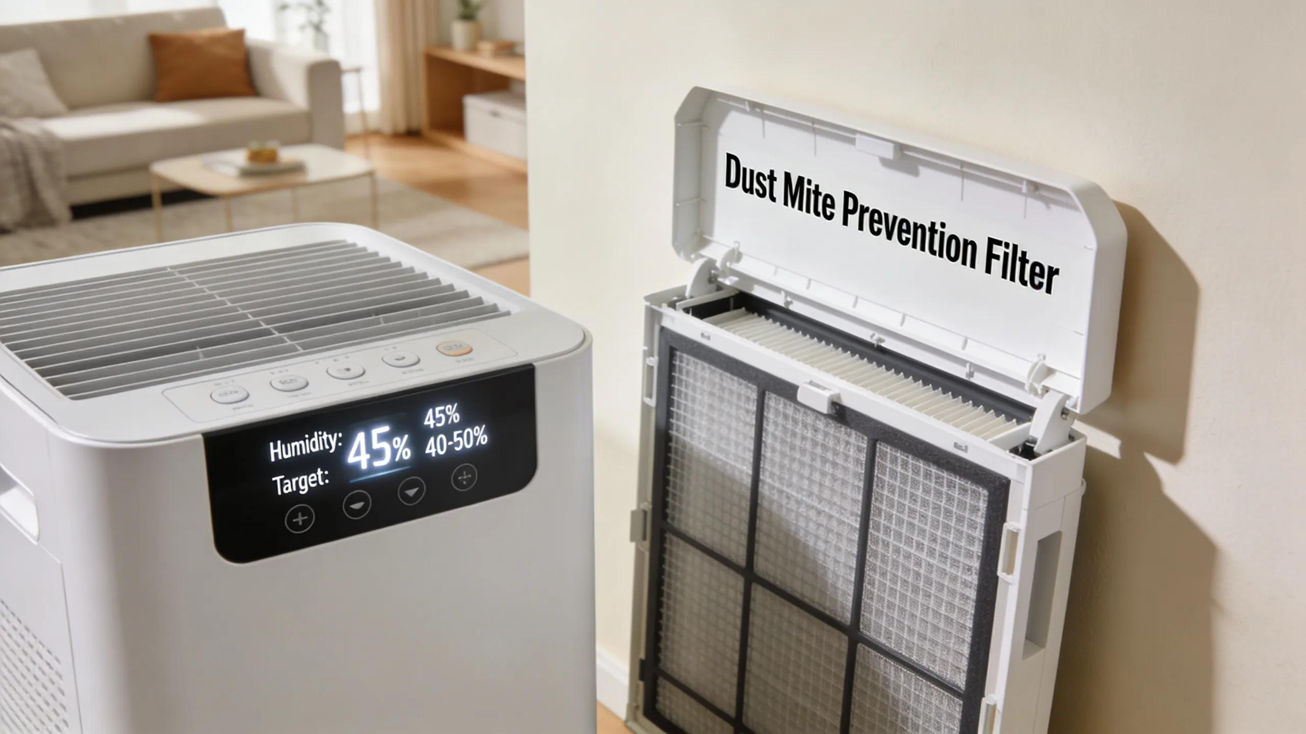 Interior with a dehumidifier and air purifier actively preventing dust mite growth