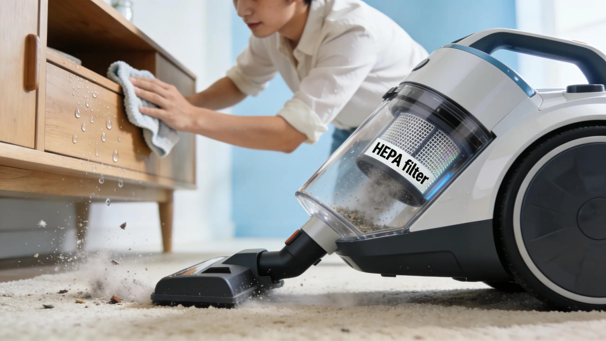 Person using a damp cloth for dusting and a HEPA vacuum cleaner to control dust mites