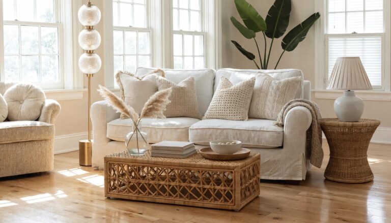 Clean living room with allergen-free textiles and indoor plants promoting air quality